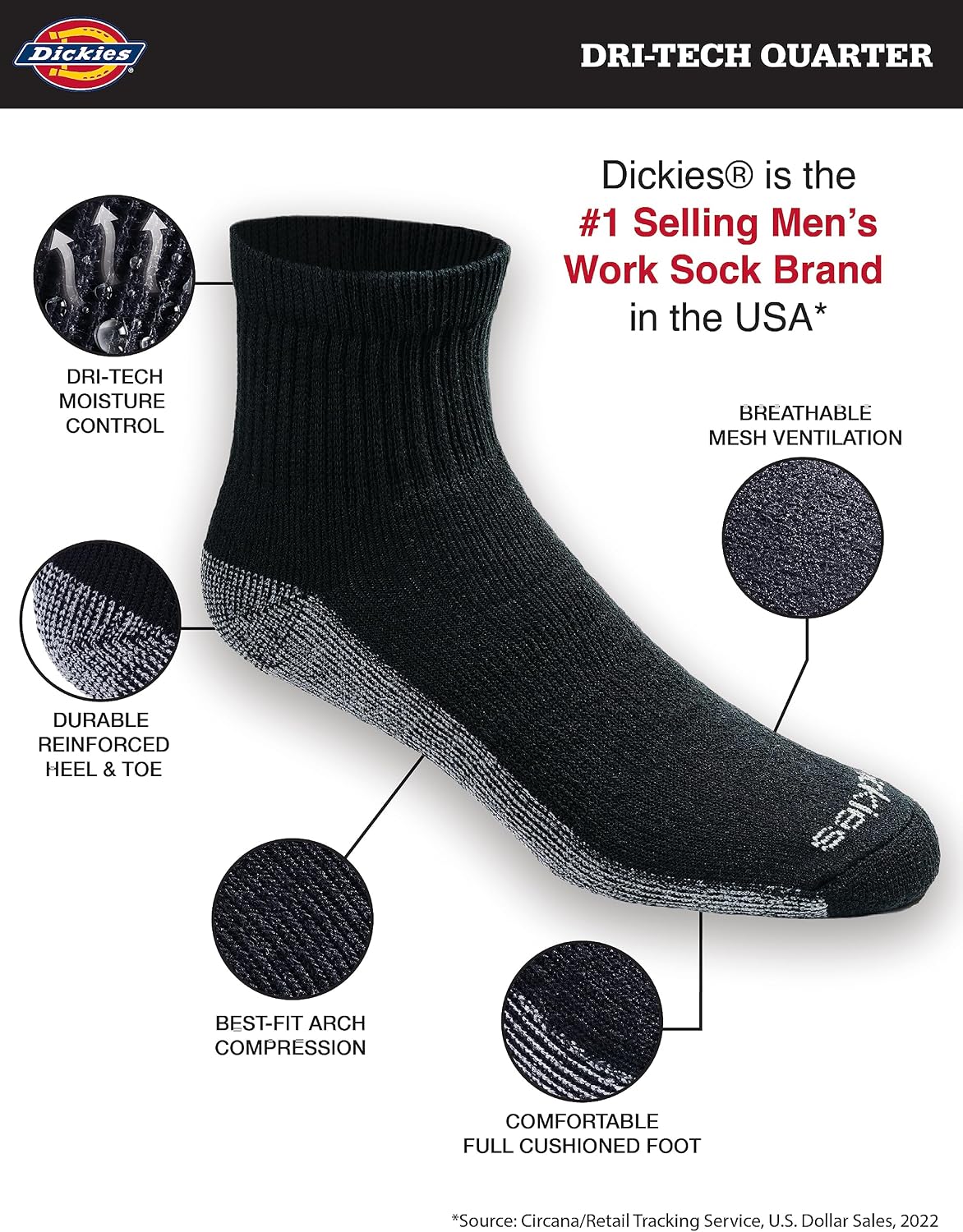 Dickies Men's Dri-Tech Moisture Control Quarter Socks, Available in M-XXL (6, 12, 18 Pairs)
