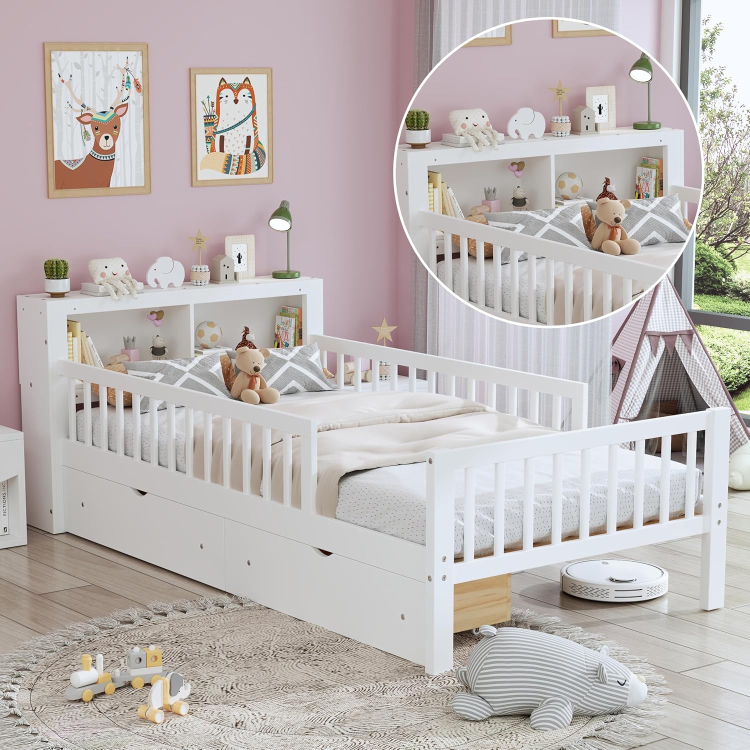 VilroCaz Wood Twin Size Platform Bed with Safety Fence for Kids Boys Girls, Platform Bed Frame with Practical Headboard and 2 Under-Bed Drawers, Sturdy Slats Support (White-3.15)