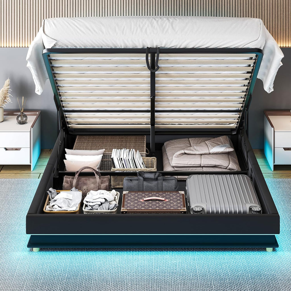 Ailisite Lift Up Storage Bed Full, Bed Frame Full Size with Charging Station & Led Lights, Upholstered Storage Bed with Wingback 2-Tier Bookcase Headboard, Hydraulic Lift, No Box Spring Needed,Black