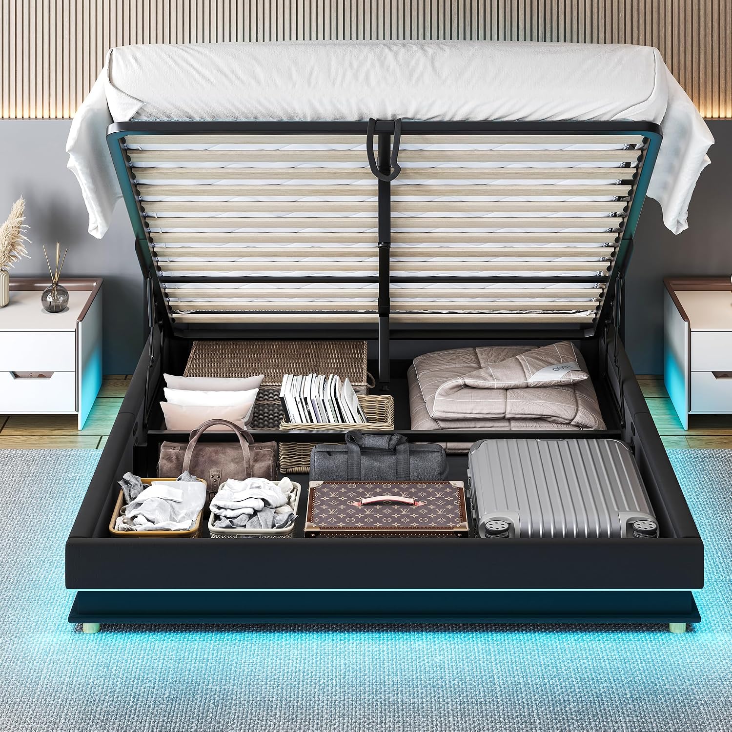 Ailisite Lift Up Storage Bed Full, Bed Frame Full Size with Charging Station & Led Lights, Upholstered Storage Bed with Wingback 2-Tier Bookcase Headboard, Hydraulic Lift, No Box Spring Needed,Black