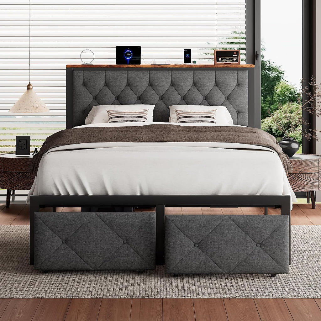 iPormis Full Bed Frame with 2 Storage Drawers, Linen Upholstered Headboard Platform Bed with Charging Station, No Box Spring Needed, Metal Slats Support, Noise-Free, Easy Assembly, Grey