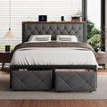 iPormis Full Bed Frame with 2 Storage Drawers, Linen Upholstered Headboard Platform Bed with Charging Station, No Box Spring Needed, Metal Slats Support, Noise-Free, Easy Assembly, Grey