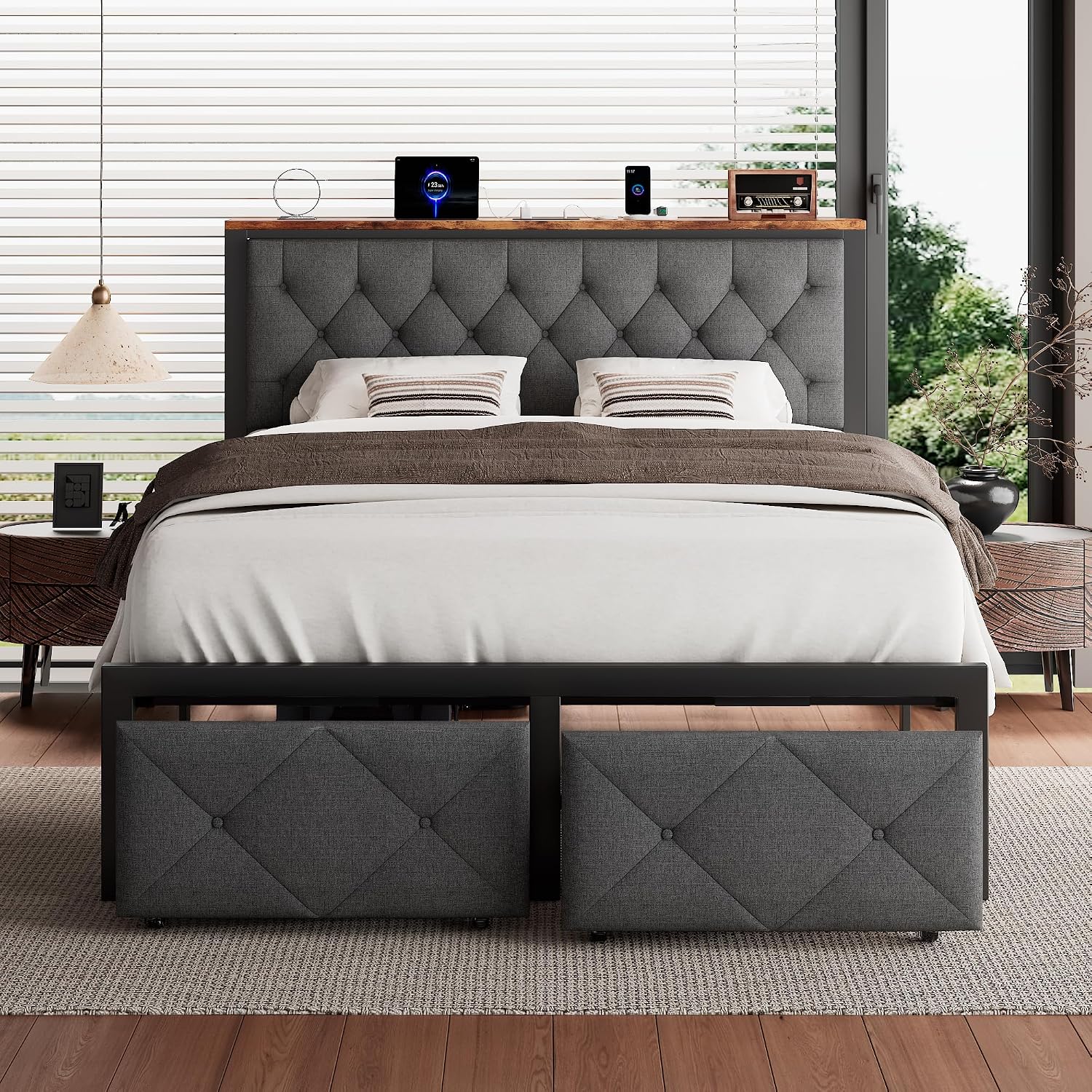 iPormis Full Bed Frame with 2 Storage Drawers, Linen Upholstered Headboard Platform Bed with Charging Station, No Box Spring Needed, Metal Slats Support, Noise-Free, Easy Assembly, Grey
