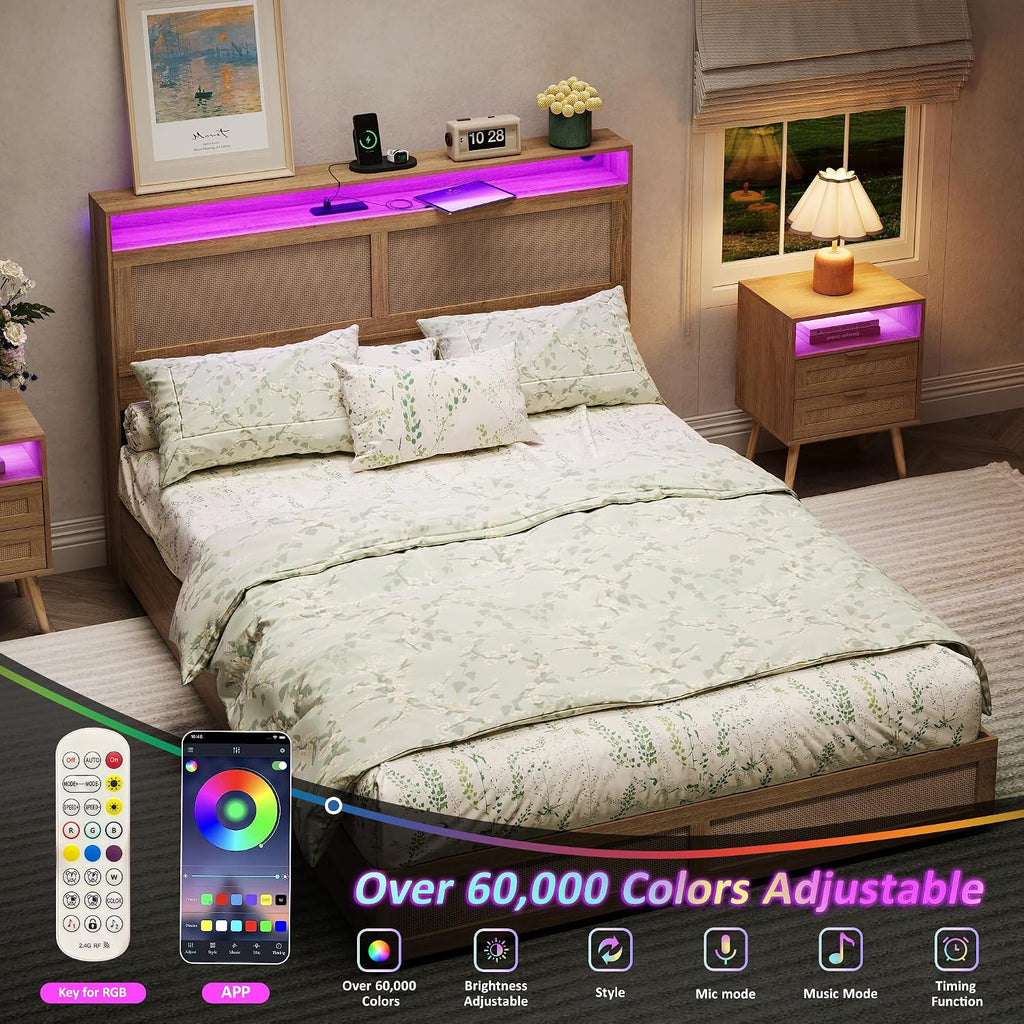 Maupvit Full Size Boho Bed Frame with Rattan Hidden Storage Headboard, LED Light and 4 Drawers, Charging Station, Metal Platform Bed, No Box Spring Needed,Brown