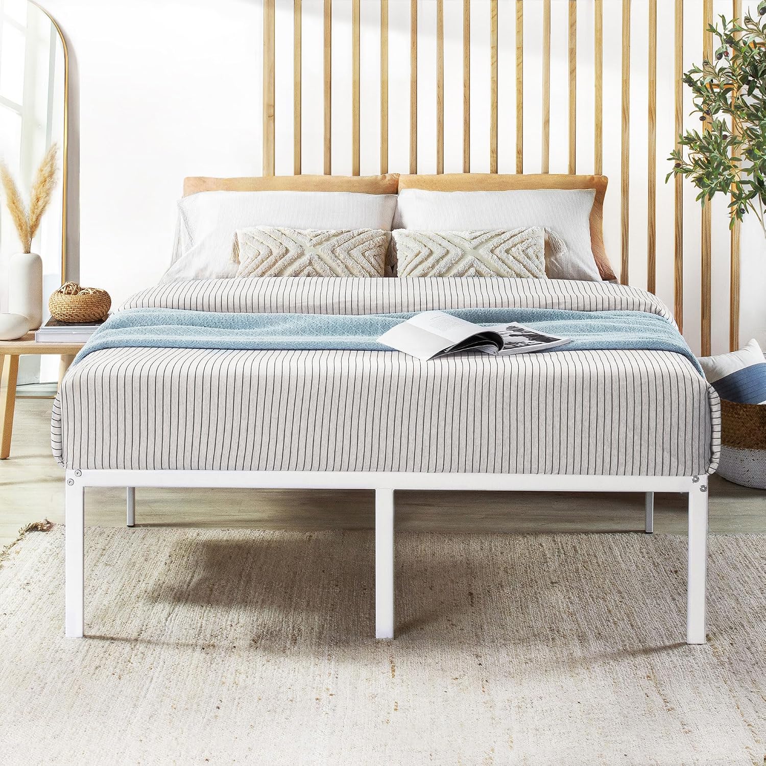Best Price Mattress 18 Inch Metal Platform Bed Frame, Heavy Duty Steel Slats, White, King