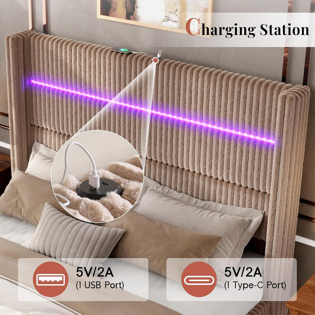 Jocisland King Size Corduroy Upholstered Bed Frame with 4 Storage Drawers & 51.2' Tall Wingback Headboard, LED Platform Bed with Charging Station, Easy Assembly, No Box Spring Needed, Dark Khaki