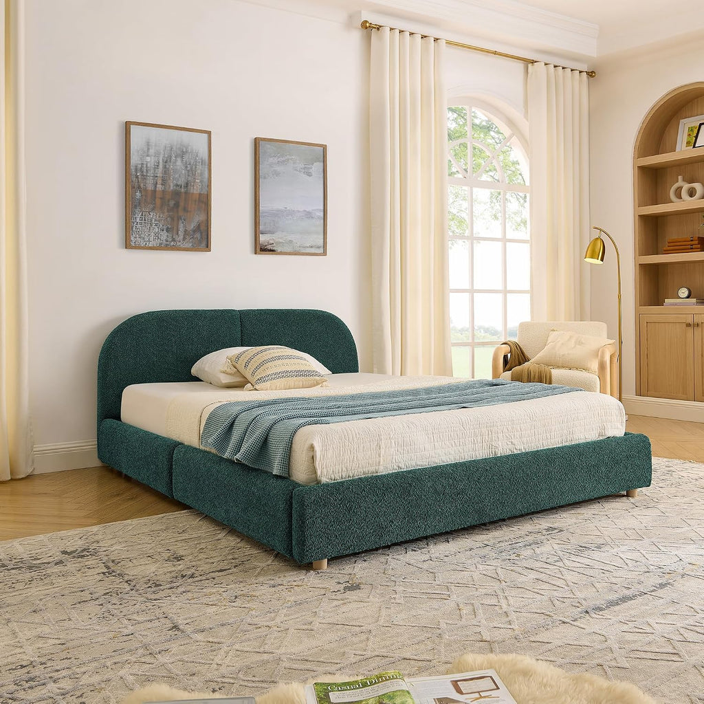 Queen Size Floor Bed Frame with 4 Wheeled Storage Drawer and Tall Curved Headboard, Modern Minimalist Style Upholstered Platform Bed Frame, Wooden Slats Support, Easy Assembly, Green