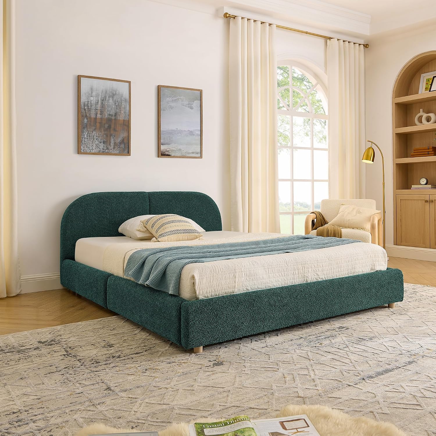 Queen Size Floor Bed Frame with 4 Wheeled Storage Drawer and Tall Curved Headboard, Modern Minimalist Style Upholstered Platform Bed Frame, Wooden Slats Support, Easy Assembly, Green