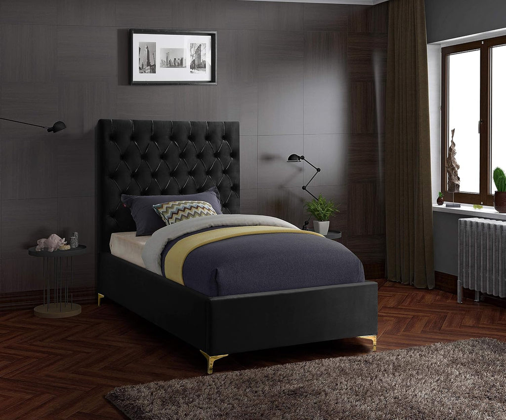 Meridian Furniture Cruz Collection Modern | Contemporary Velvet Upholstered Bed with Deep Button Tufting and Complete Sets of Gold and Chrome Legs Included, Twin, Black