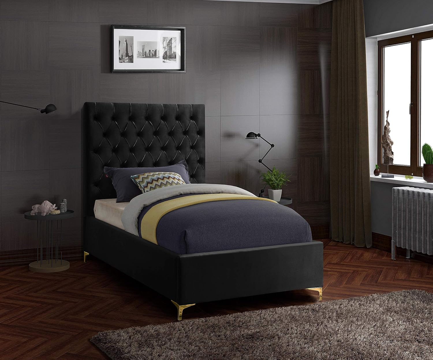 Meridian Furniture Cruz Collection Modern | Contemporary Velvet Upholstered Bed with Deep Button Tufting and Complete Sets of Gold and Chrome Legs Included, Twin, Black