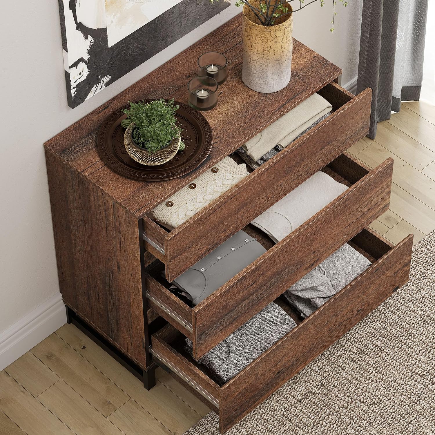 WAMPAT Dresser and Nightstand Set of 3, 94.5 Inches Dresser with 6 Drawers, 2 Nightstand with Drawer and Cabinet for Bedroom, Bedroom Furniture Set, Brown