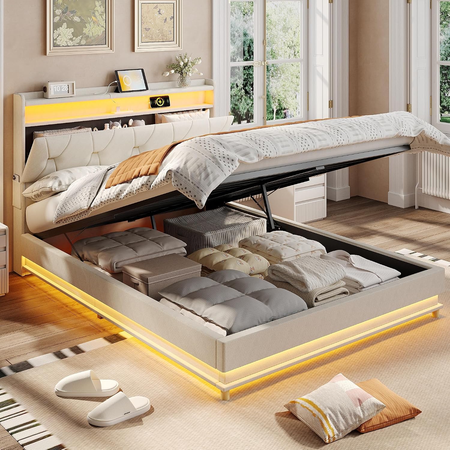 Fameill Full Size Lift Up Storage Bed Frame, Storage Headboard with Charging Station, LED Lights Upholstered Platform Bed, No Box Spring Needed, Noise-Free, Beige White