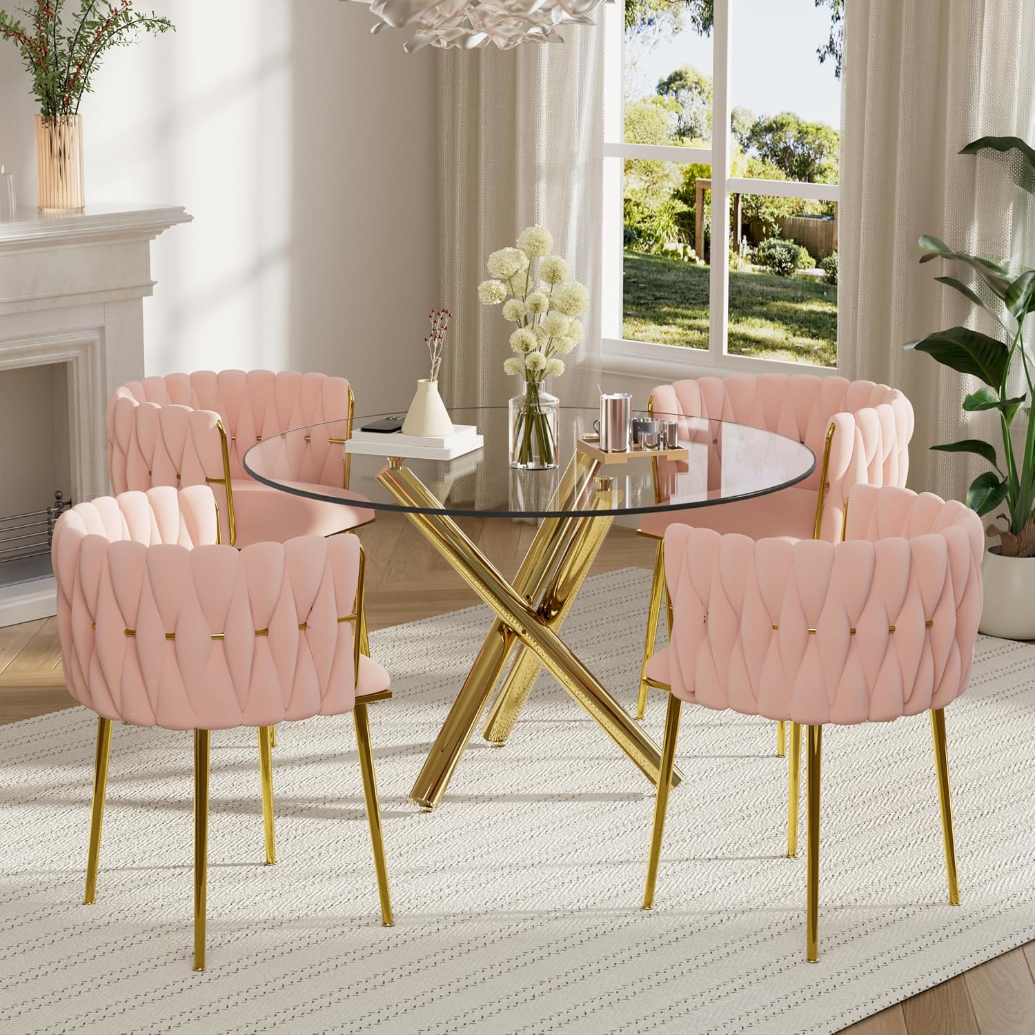 Gold Glass Round Dining Table Set for 4, 39'' Clear Dinner Table Set, 5 PCS Modern Circle Kitchen Table and Pink Woven Chairs Set, Luxury Circular Dinette Set, for Small Apartment Home