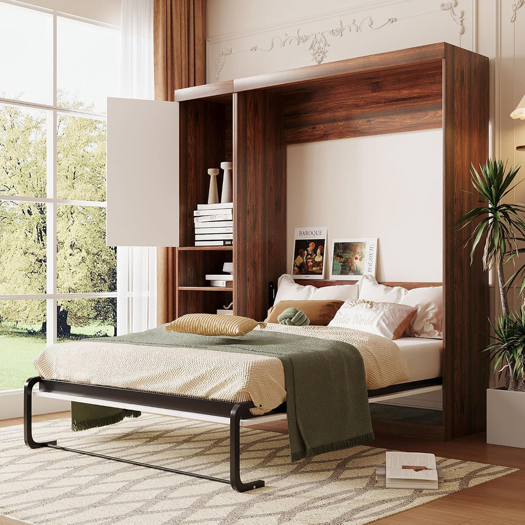 SOFTSEA Full Murphy Bed Cabinet Wood Wall Bed with Storage Can be Folded into Cabinet for Small Space
