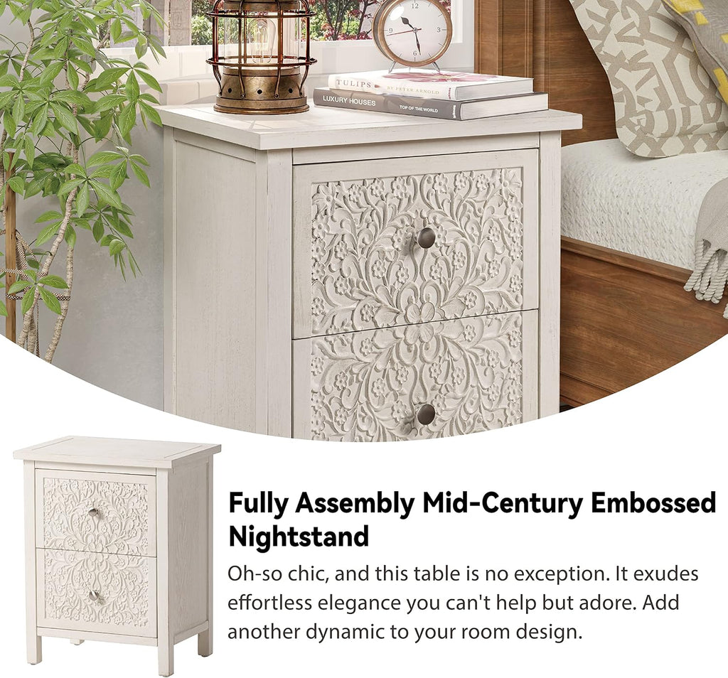 COZAYH Set of 2 Farmhouse Fully-Assembled Nightstand with 2-Drawer, Flower Motif End Table for Small Spaces, French Country, Modern, Distressed Finish, White-Washed