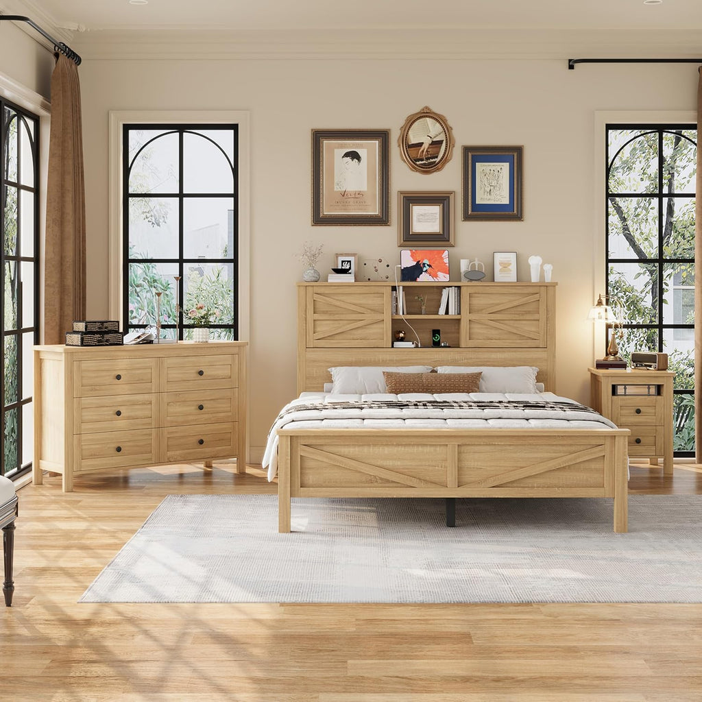 3-Pieces Queen Size Bedroom Sets, Farmhouse Platform Bed with Double Sliding Door USB Storage Headboard, 3PCS Bedroom Sets with Cabinet and Nightstands, Kids Adults, Natural