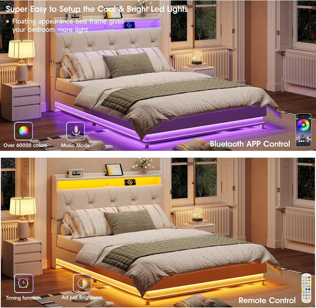 Fameill Queen Size Lift Up Storage Bed Frame, Storage Headboard with Charging Station, LED Lights Upholstered Platform Bed, No Box Spring Needed, Noise-Free, Beige White