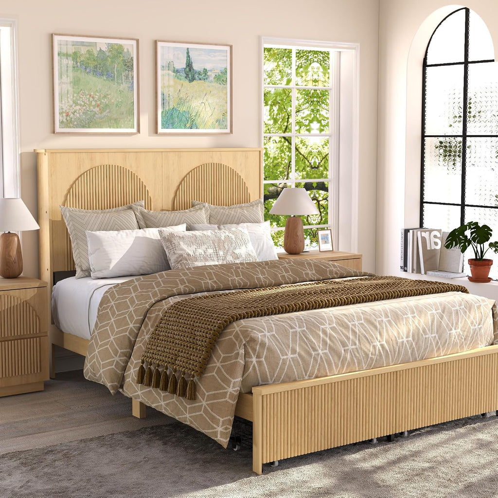 XIAO WEI Fluted Queen Bed Frame with 52.4' Tall Headboard, Bed Frame with Storage Drawers,Wooden Bed Frame with 8' Underbed Storage, No Box Spring Needed,Natural