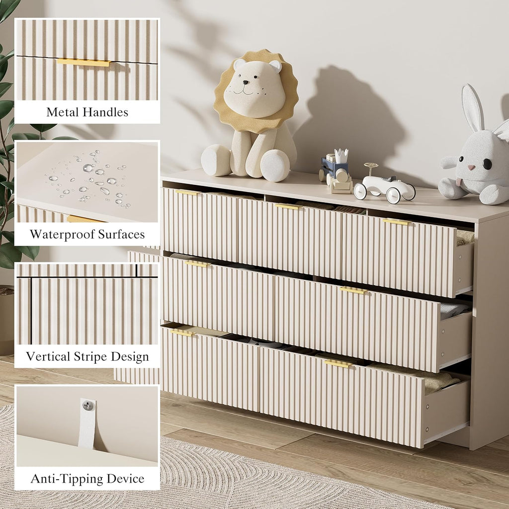 Furniway Beige Dresser for Bedroom, Modern Dresser with 7 Drawers and Smooth Slides, Wide Chest of Drawers with Golden Handles for Bedroom, Living Room, Closet, 15.7' D x 55.1' W x 31.4' H