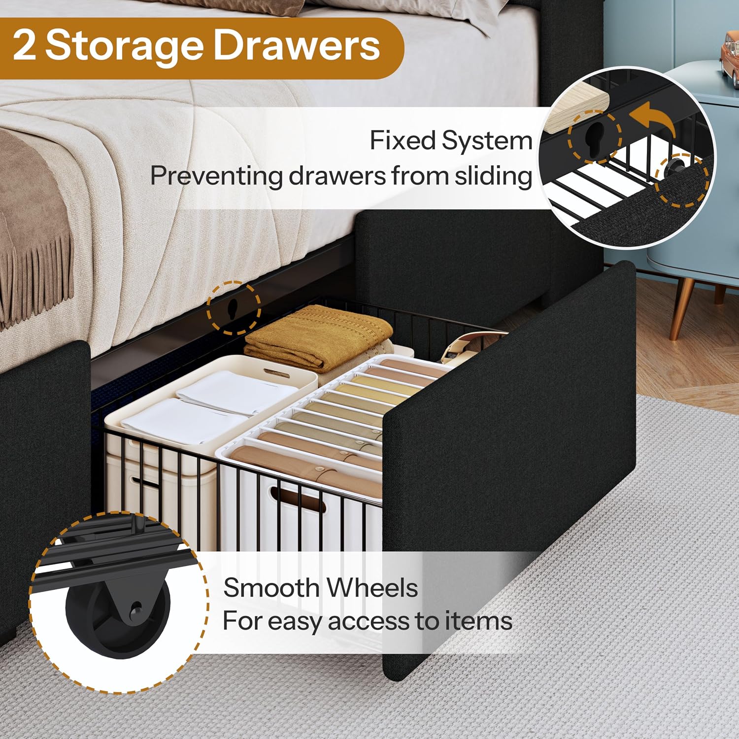 ChicZhiNest Full Size Bed Frame with 2 Storage Drawers, LED Headboard with Charging Station, Upholstered Bed Frame Full with Wooden Slats & Footboard Cubbies, No Box Spring Needed, Black