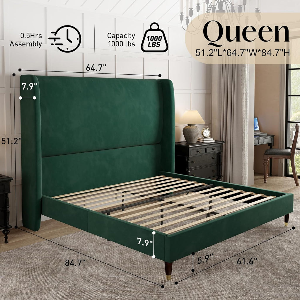 PaPaJet Queen Bed Frame with 51.2' Tall Wingback Headboard,Velvet Upholstered Platform Bed,Solid Wood Legs,No Box Spring Needed,Noise-Free&Easy Assembly,for Couples, Guest Room, Apartment,Green