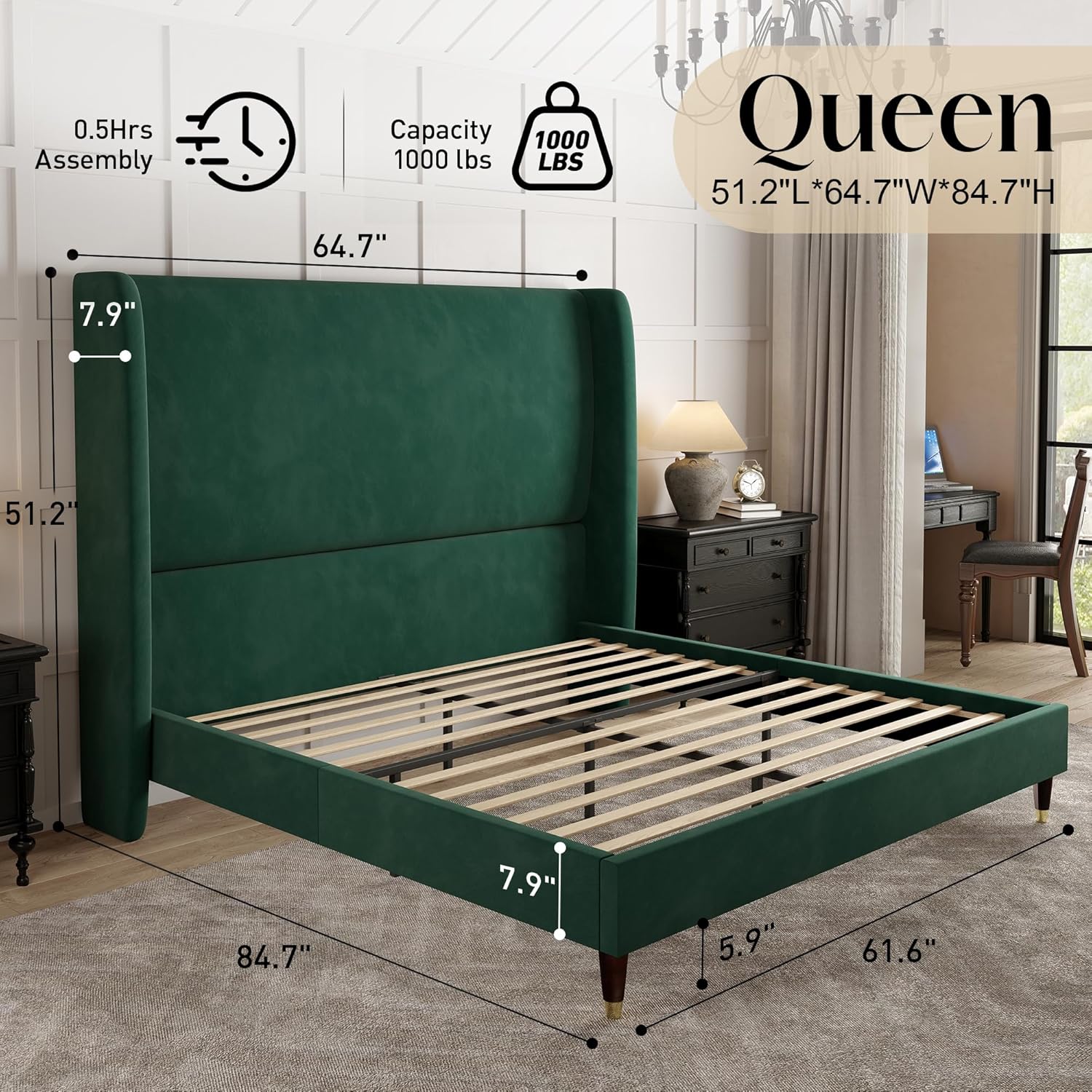 PaPaJet Queen Bed Frame with 51.2' Tall Wingback Headboard,Velvet Upholstered Platform Bed,Solid Wood Legs,No Box Spring Needed,Noise-Free&Easy Assembly,for Couples, Guest Room, Apartment,Green
