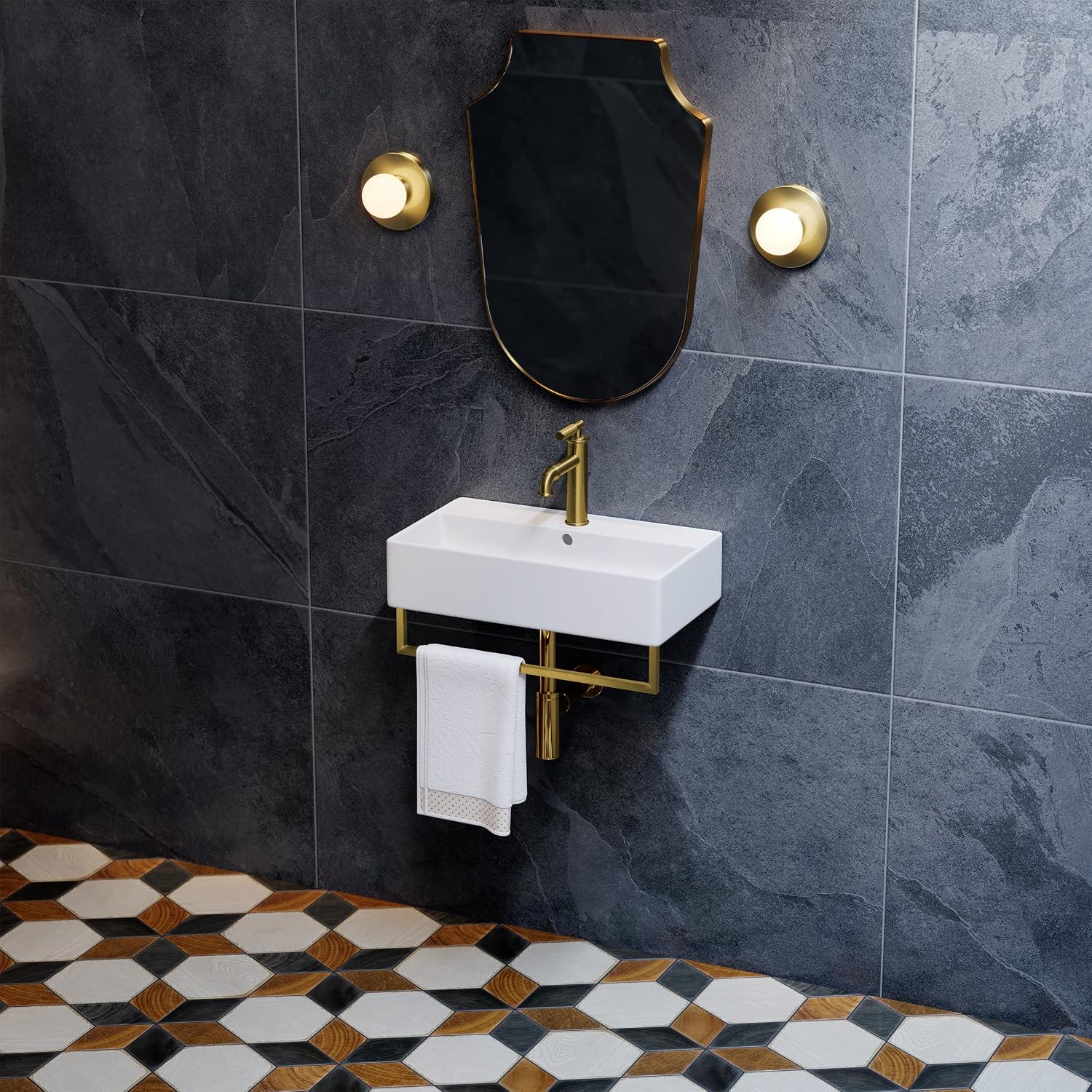 Claire 22' Wall-Mount Bathroom Sink with Brushed Gold Towel Bar
