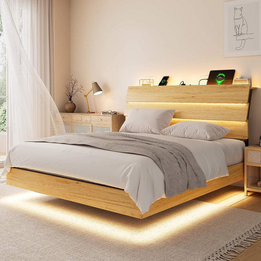 iPormis Floating Queen Metal Bed Frame with LED Lights & Charging Station, Platform Bed with Wooden Storage Headboard, Sturdy Steel Slats, No Box Spring Needed, Easy Assembly, Noise-Free, Oak