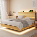 iPormis Floating Queen Metal Bed Frame with LED Lights & Charging Station, Platform Bed with Wooden Storage Headboard, Sturdy Steel Slats, No Box Spring Needed, Easy Assembly, Noise-Free, Oak