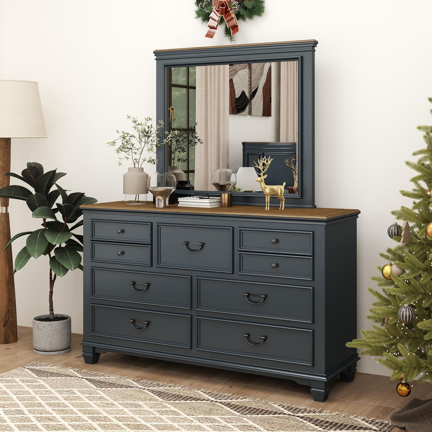 Roundhill Furniture Riverton Wood Bedroom Set with Shiplap Panel Queen Bed, Dresser, Mirror, and Two Nightstands in Slate Blue