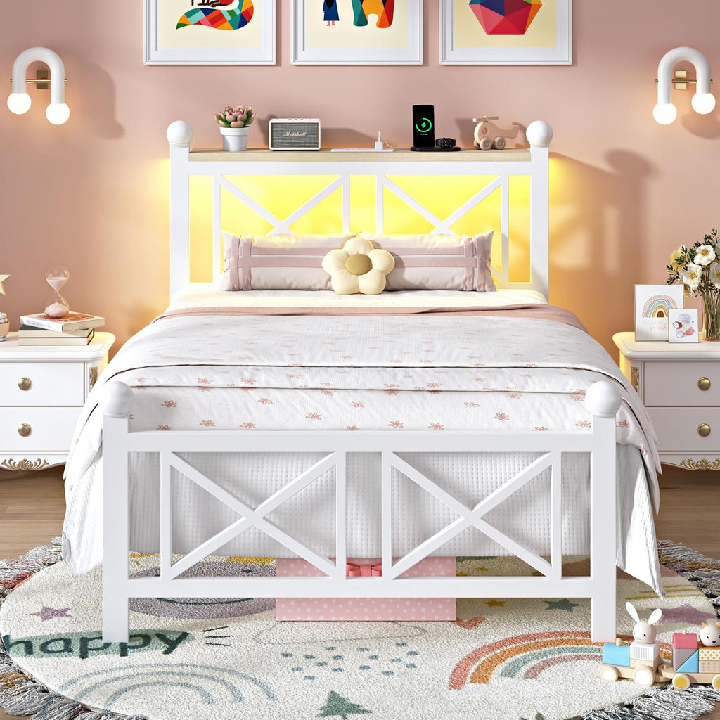 ChicZhiNest Twin Size Bed Frame with Charging Station and LED Lights, Metal Platform Bed with Wood Headboard and Storage Shelf, Underbed Storage, No Box Spring Needed, White