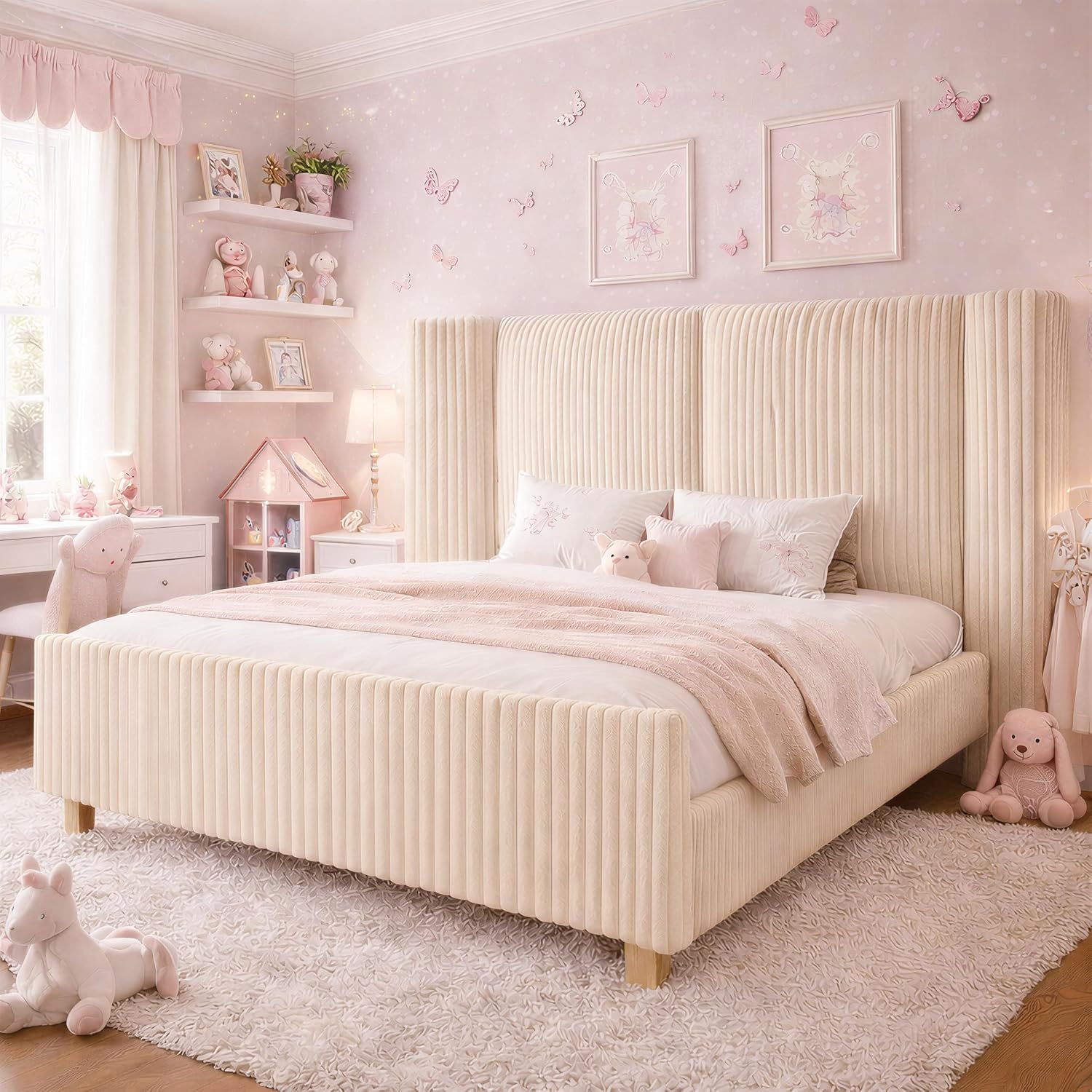 Full Upholstered Bed Frame with 51' Tall Headboard & Widened Corduroy Cushion,Modern Wingback Cloud BedFrame Platform, Easy Assembly, No Box Spring Needed, Cream
