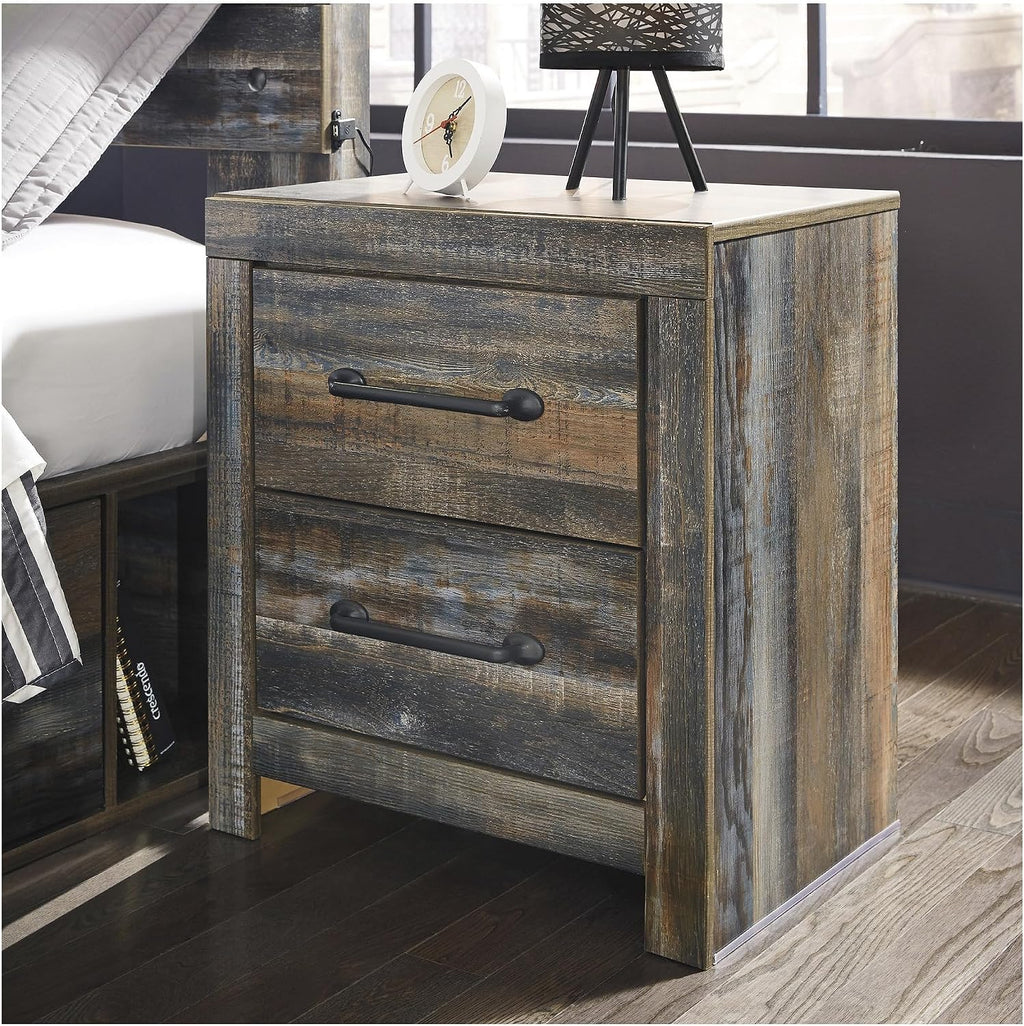 Signature Design by Ashley Drystan Rustic Industrial 2 Drawer Nightstand with 2 Slim-Profile USB Charging Stations, 24.37' Tall, Weatherworn Brown