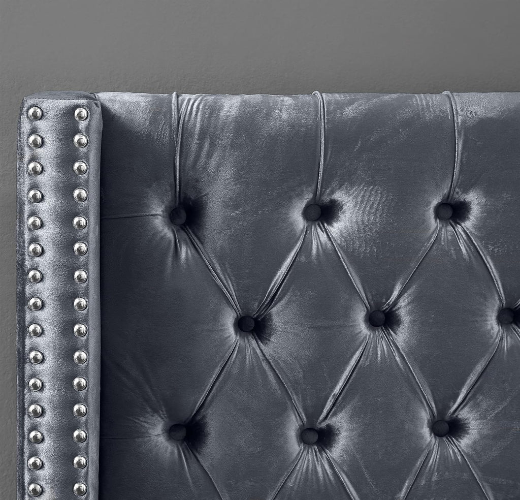 Meridian Furniture Aiden Collection Modern | Contemporary Velvet Upholstered Bed with Deep Button Tufting, Solid Wood Frame, and Custom Chrome Legs, Full, Grey