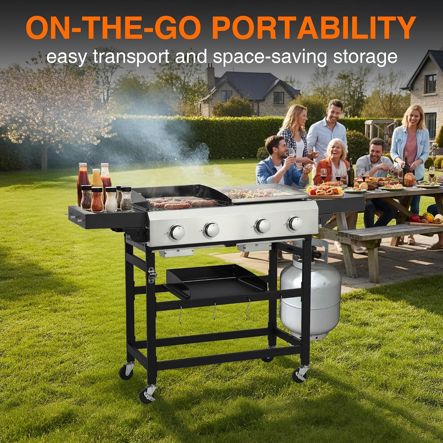 Propane Gas Griddle Grill Combo, 2-in-1 BBQ with Flat Top & Cast Iron Grate, 4 Burner Outdoor Cooking Station with Folding Shelf & Wheels, Stainless Steel Cart for Backyard Patio