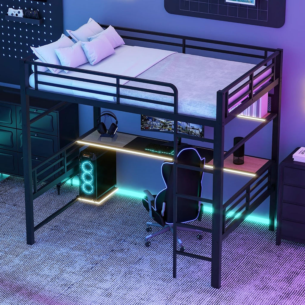 Ball & Cast Modern Full Size Loft Bed with Storage Shelve & LED Light,Metal Bedframe W/Built-in Desk & Computer Host Shelf,Space Saving,Child's and Adults' Bedroom Furniture for Studying Working,Black
