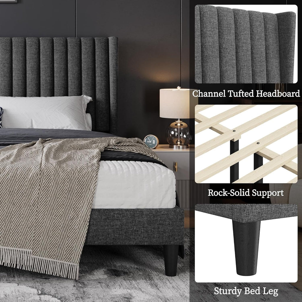 Yaheetech King Bed Frame Upholstered Platform Bed with Fabric Headboard, Wing Edge Design/Non-Slip and Noise-Free/Wooden Slats Support/No Box Spring Needed/Easy Assembly, Dark Gray King Bed