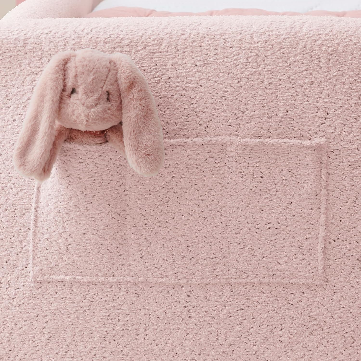 Twin Size Upholstered Platform Bed with Safety Guardrail and Cute Rabbit Ear Shaped Headboard, Boucle Fabric Montessori Kids Bed with Pocket and Sturdy Slats Support (Pink-7.24)