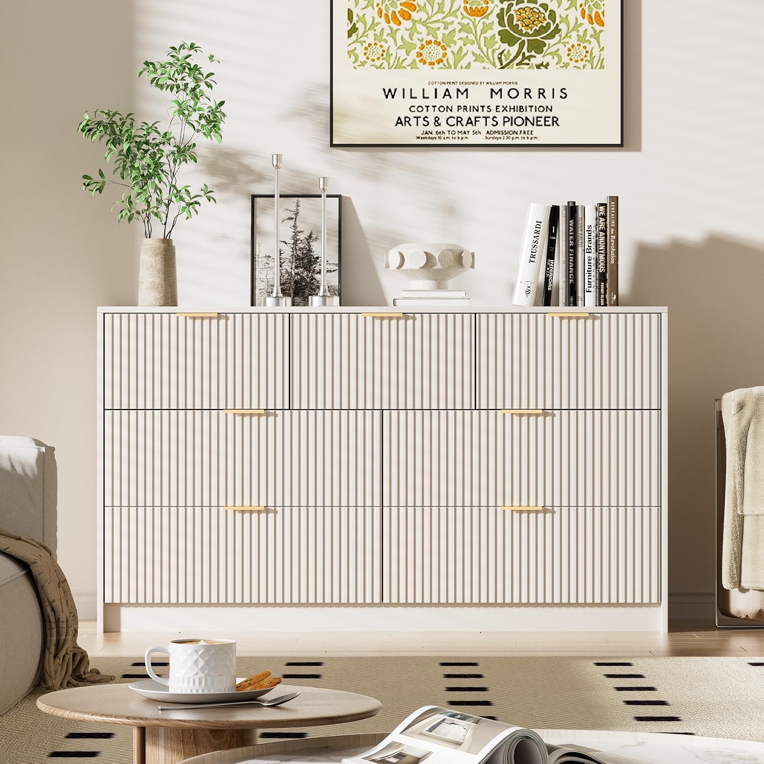 Furniway Beige Dresser for Bedroom, Modern Dresser with 7 Drawers and Smooth Slides, Wide Chest of Drawers with Golden Handles for Bedroom, Living Room, Closet, 15.7' D x 55.1' W x 31.4' H