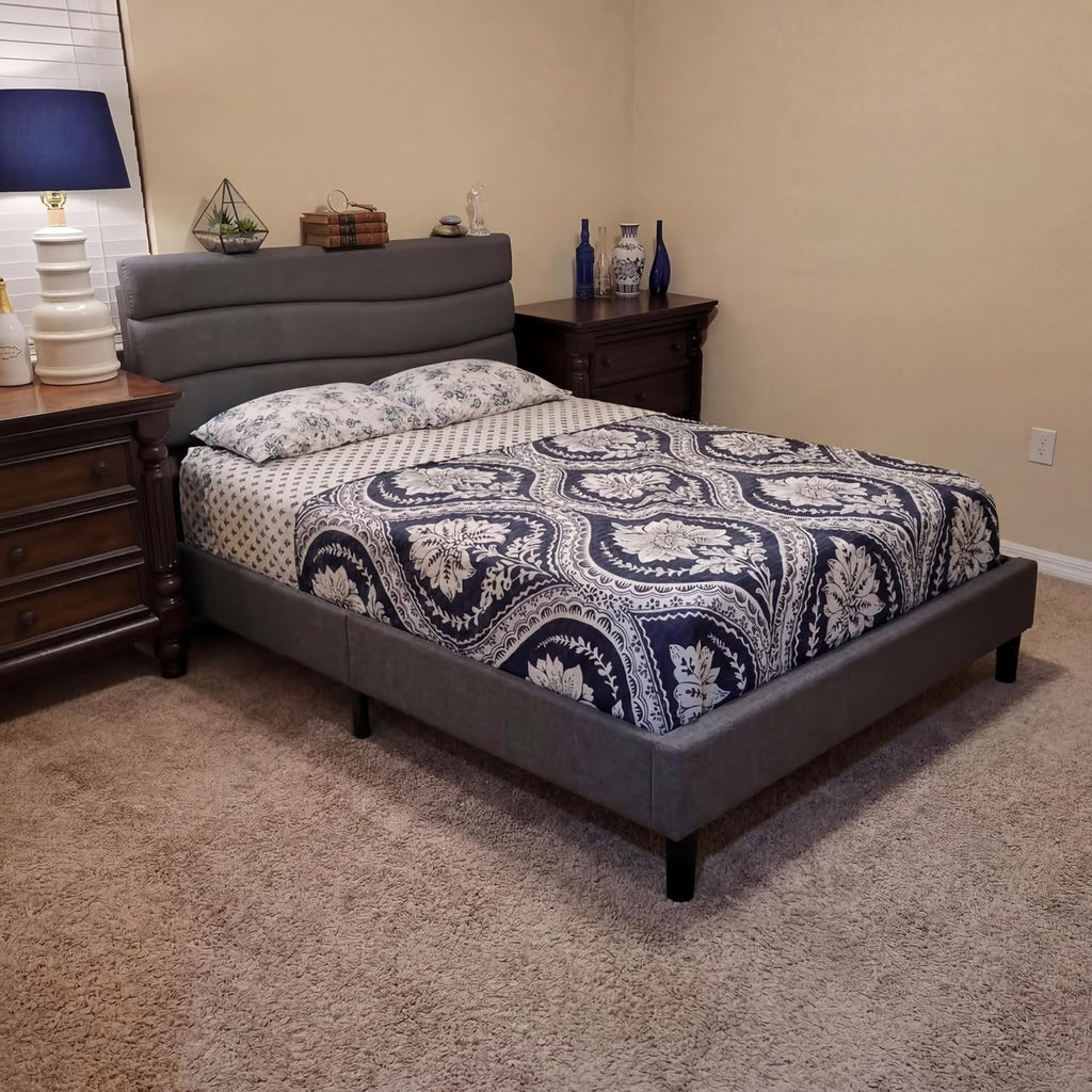EnHomee Full Size Bed Frame with Adjustable Height Upholstered Headboard, 3 USB Charging Ports, Noise-Free Platform Bed, No Box Spring Needed, Grey