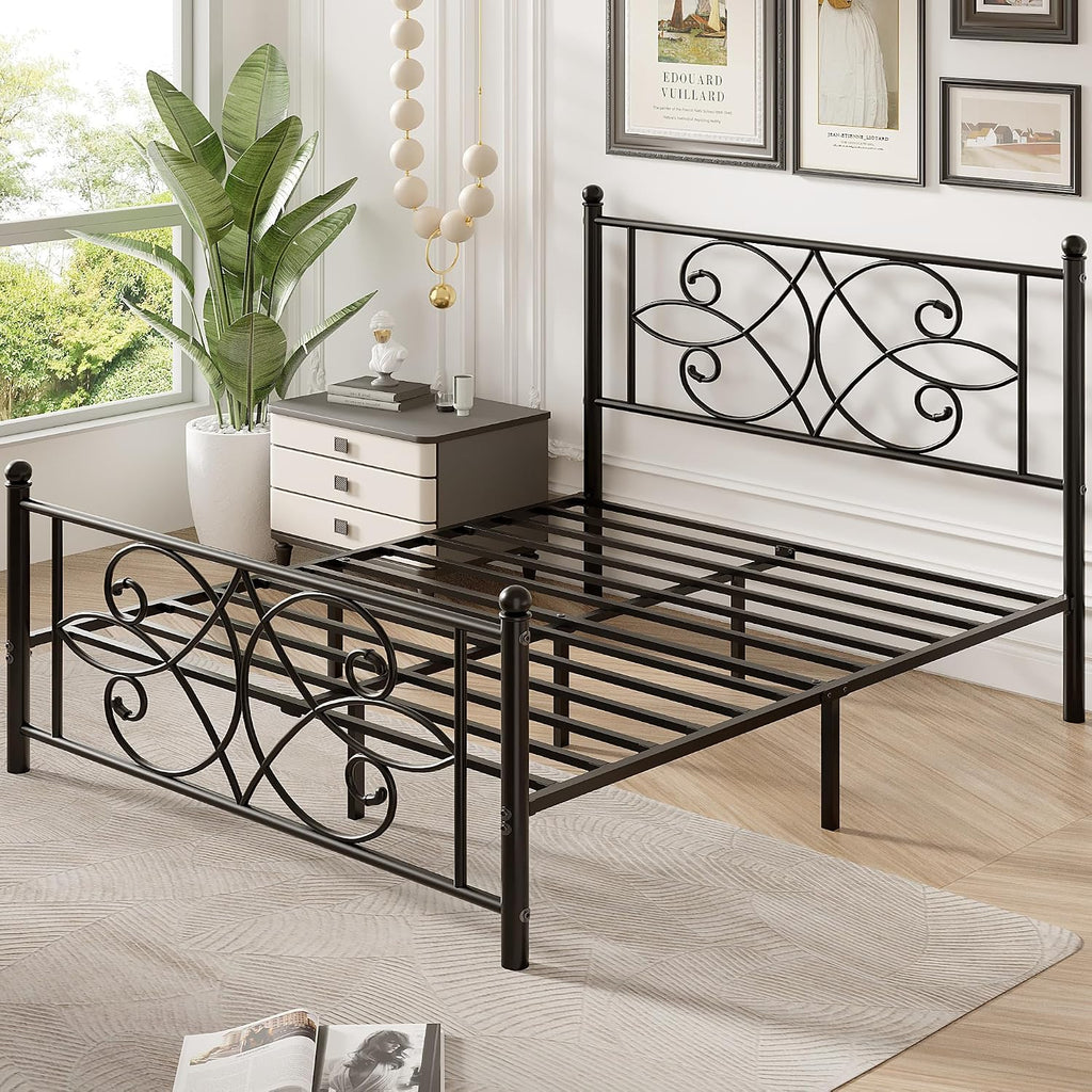 VECELO Queen Size Bed Frame Metal Platform Bed with Headboard and Footboard, Heavy Duty Mattress Foundation, No Box Spring Needed, Easy Assembly, Black