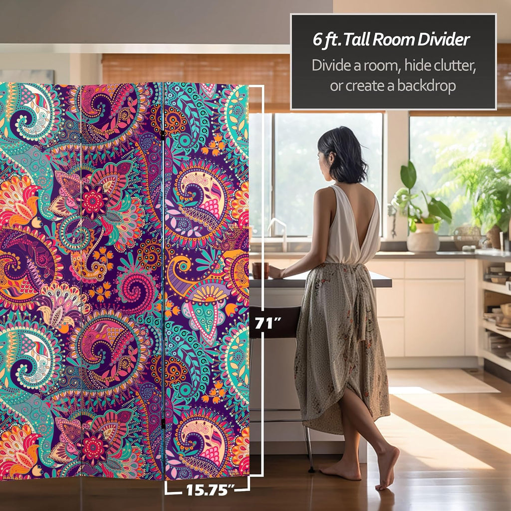 Red Lantern 6 ft. Tall Double Sided Psychedelic Wallpaper Canvas Room Divider 3 Panel Freestanding Folding Privacy Screen Partition and Separator for Modern and Contemporary Bedroom Home Office Dorm