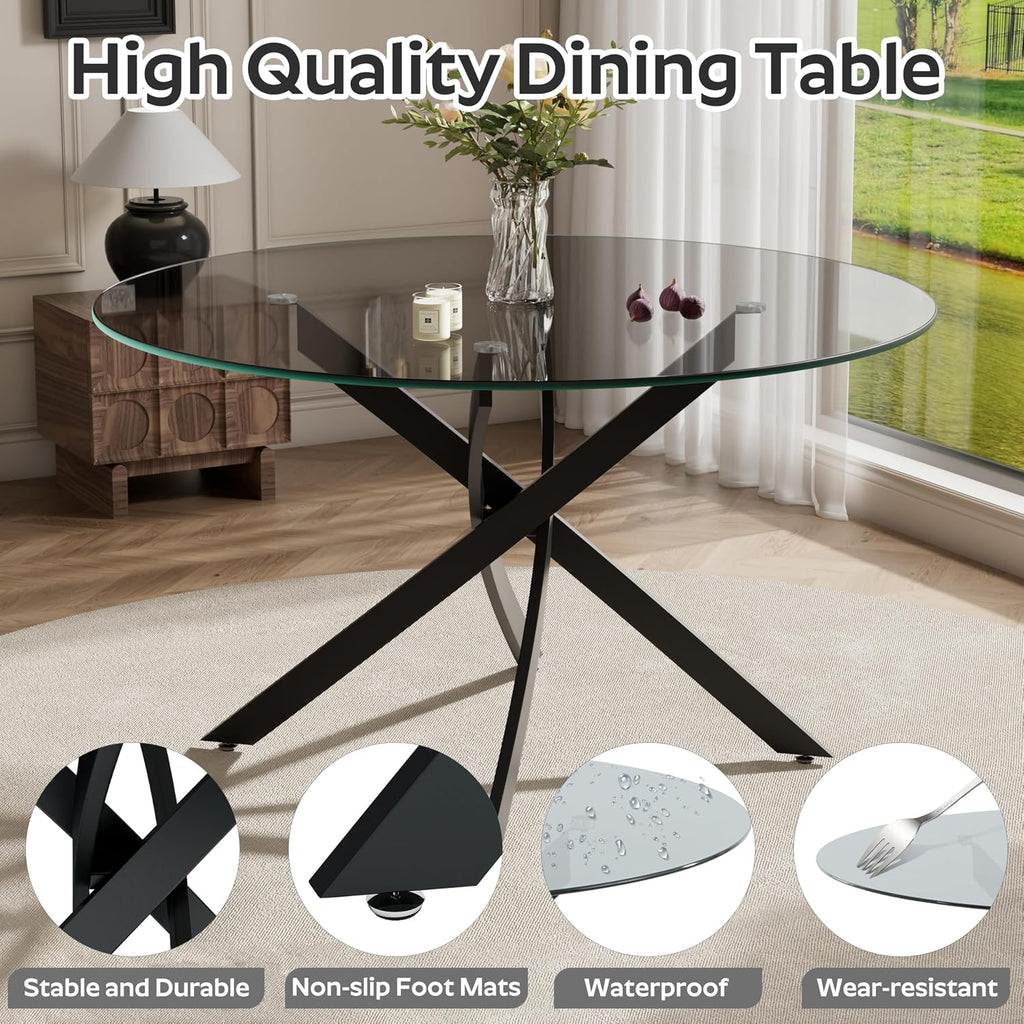 RGZ Round Glass Dining Table Set for 6, 7 Pcs Modern Luxury Circle Kitchen Table Set, 47'' Clear Grey Circular Dinner Table with White PU Faux Leather Chairs Set, for Home Large Apartment (Black)