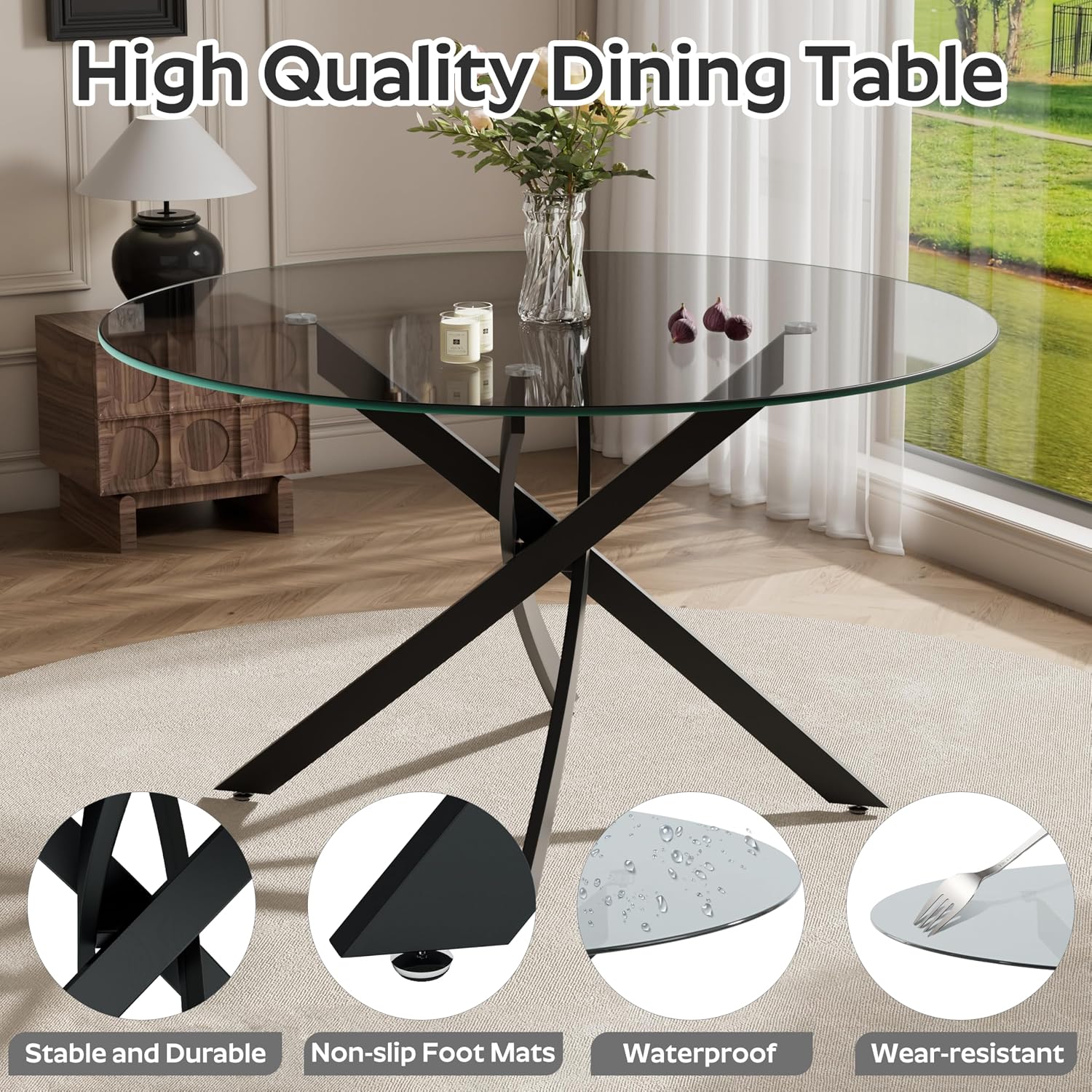 RGZ 7 Pieces Modern Round Kitchen Set, Clear Grey Circle Glass Dining Table with Dark Grey PU Faux Leather Chairs Set of 6, 47'' Large Luxury Circular Dinner Room Set, for Leisure Apartment (Black)