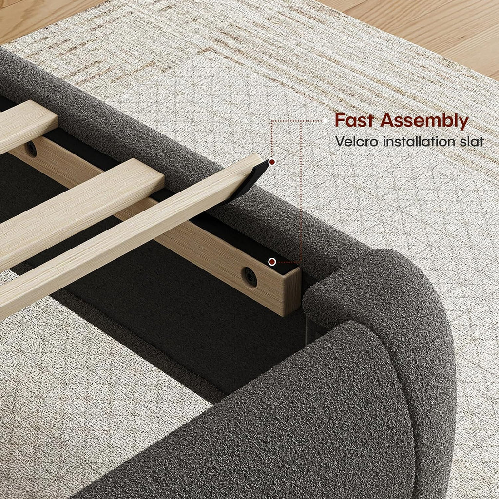 Cloud Bed Frame King Size, Soft Boucle Bed Frame with Round Corner, Upholstered King Size Bed Frame with Heavy Duty Wood Slat, No Box Spring Needed, Easy Assembly, Dark Grey