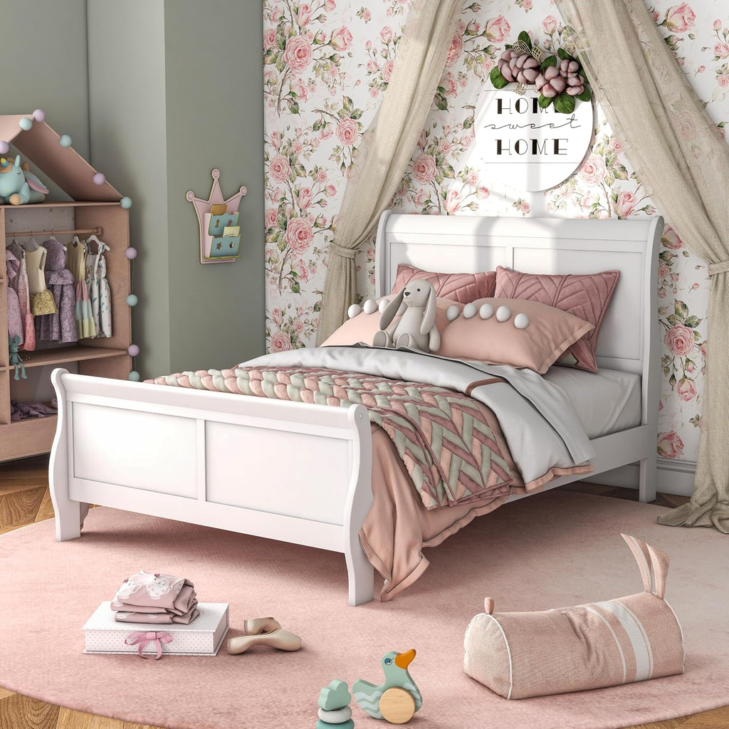 Furniture of America Louis Phillipe Traditional Wood Twin Bed Frame with Headboard and Footboard, Elegant Sleigh Design Bedframe for Bedroom, Guest Room, Easy Assembly, Box Spring Required, White