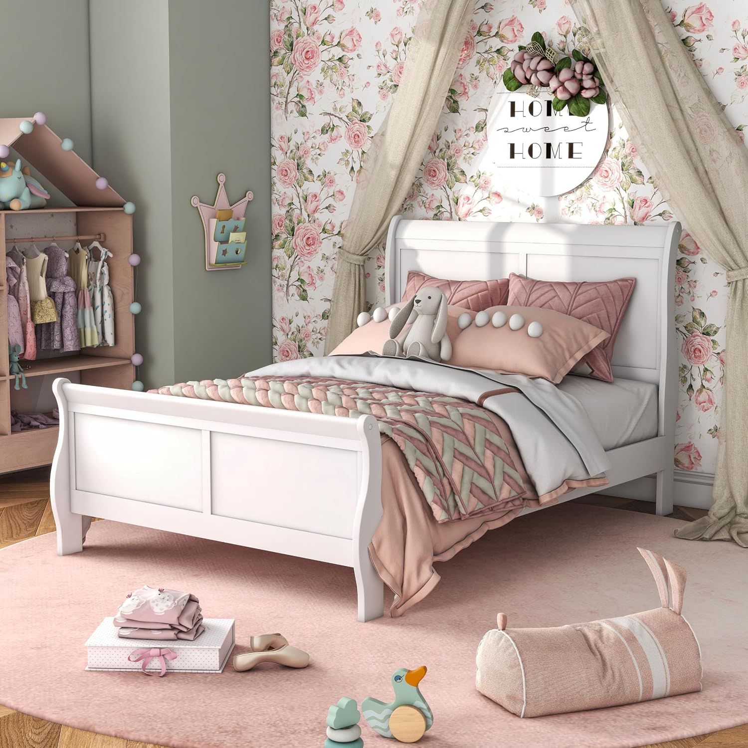Furniture of America Louis Phillipe Traditional Wood Twin Bed Frame with Headboard and Footboard, Elegant Sleigh Design Bedframe for Bedroom, Guest Room, Easy Assembly, Box Spring Required, White