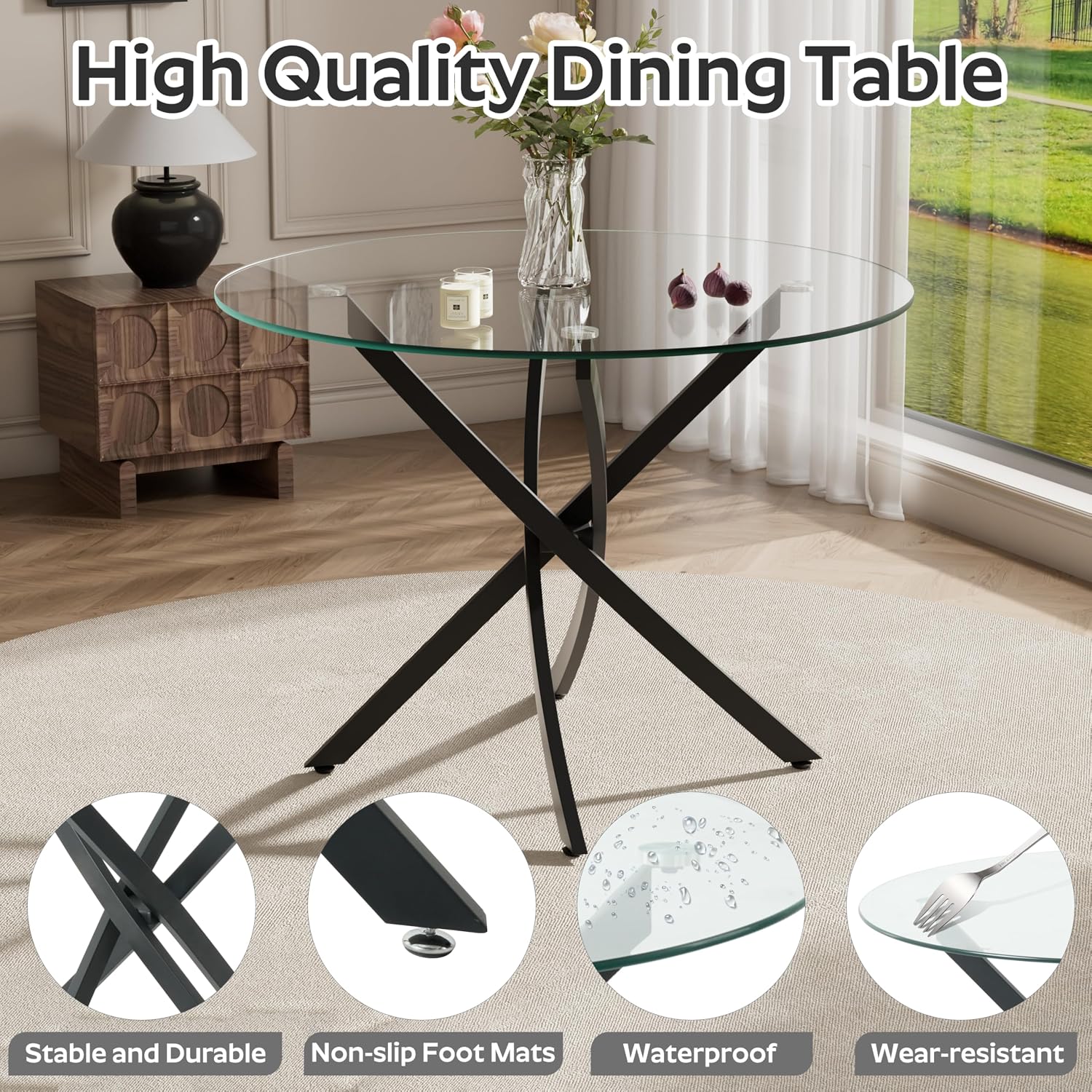 RGZ 5 Pieces Modern Black Round Kitchen Table Set, Clear Circle Glass Dining Table with Black Boucle Chairs Set of 4, 36'' Small Luxury Circular Dinner Room Set, for Home Apartment Bedroom Café