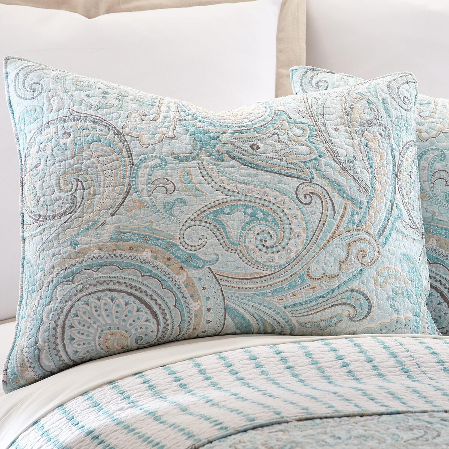 Levtex Home - Spruce Spa Quilt Set - King/Cal King Quilt (106x92in.) + Two King Pillow Shams (36x20in.) - Paisley Pattern in Soft Spand Tan Hues - Reversible - Cotton