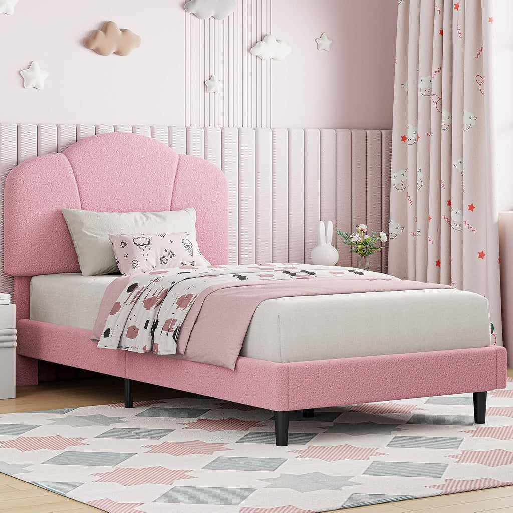 LIKIMIO Twin Size Bed Frame, Upholstered Twin Platform Bed with Headboard Lamb Velvet Twin Beds, No Box Spring Needed with 800LBS Sturdy Wooden Slats Support, Noise Free, Easy Assembly, Pink